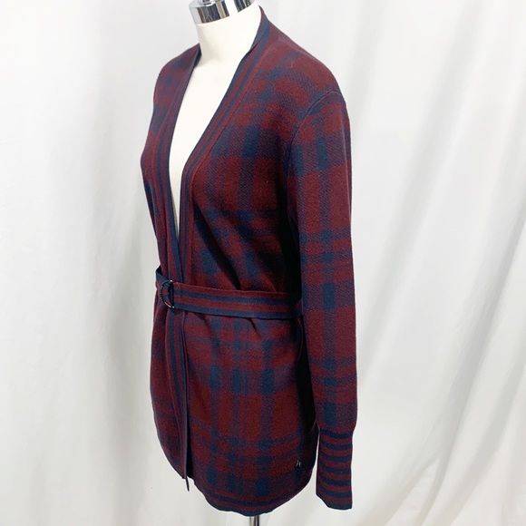 Ted Baker Maroon Red and Navy Blue Checkered Longline Belted Cardigan - Picture 4 of 15